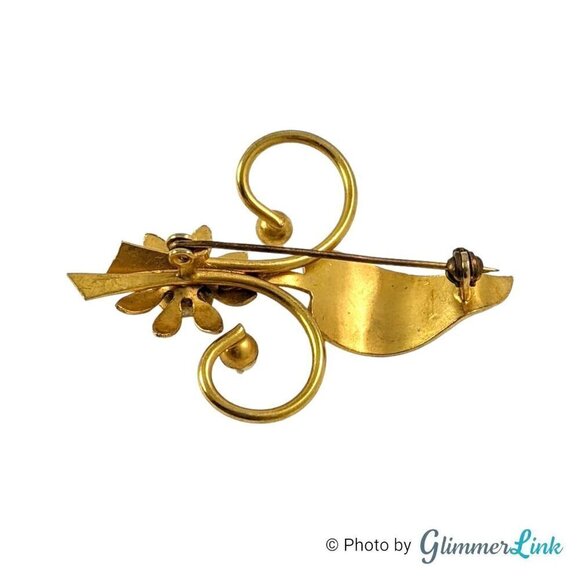 Vintage Damascene Style Floral Faux Pearl Gold Tone Brooch - Picture 5 of 6